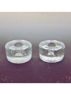 Vintage Mid-Century Modern Ice Block Clear Glass Candle Holders